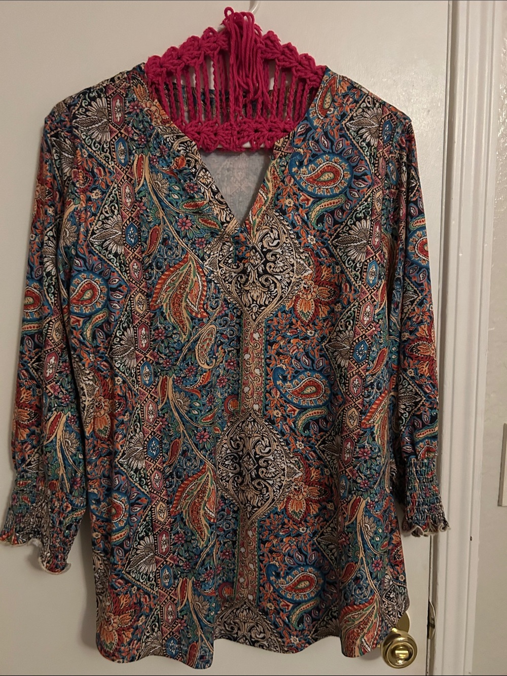 Paisley V-Neck Tunic Top in Teal & Rust